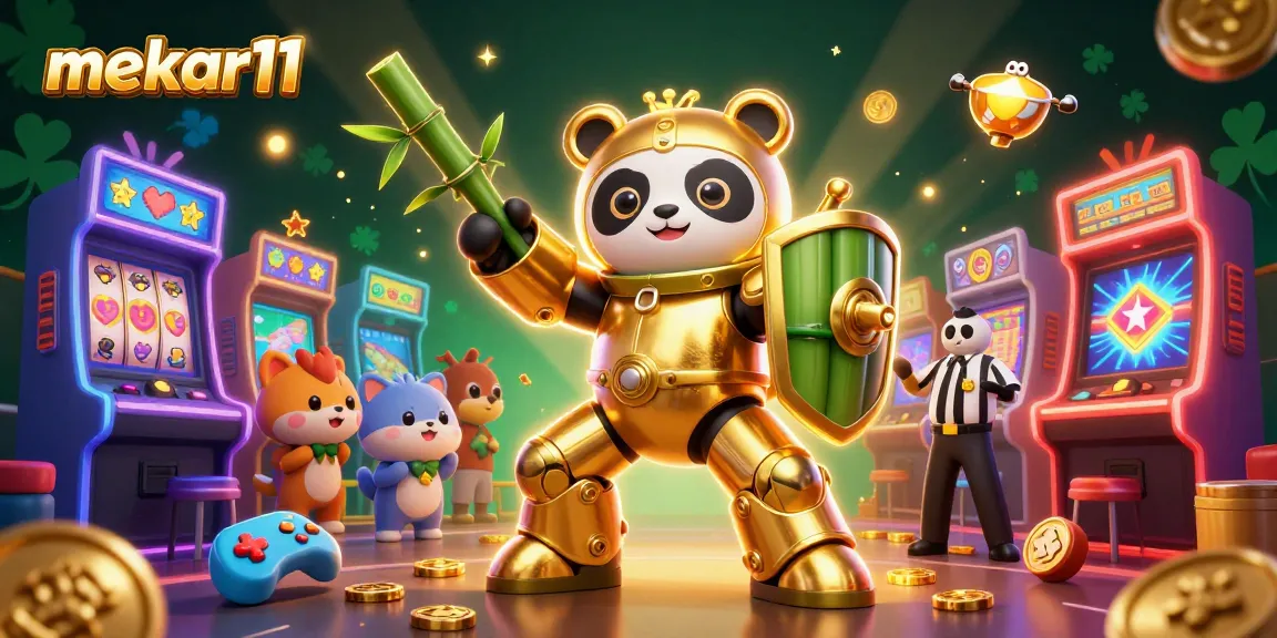 Mekar11 showcases a dynamic golden panda mech in a colorful slot machine arena, engaging the audience.