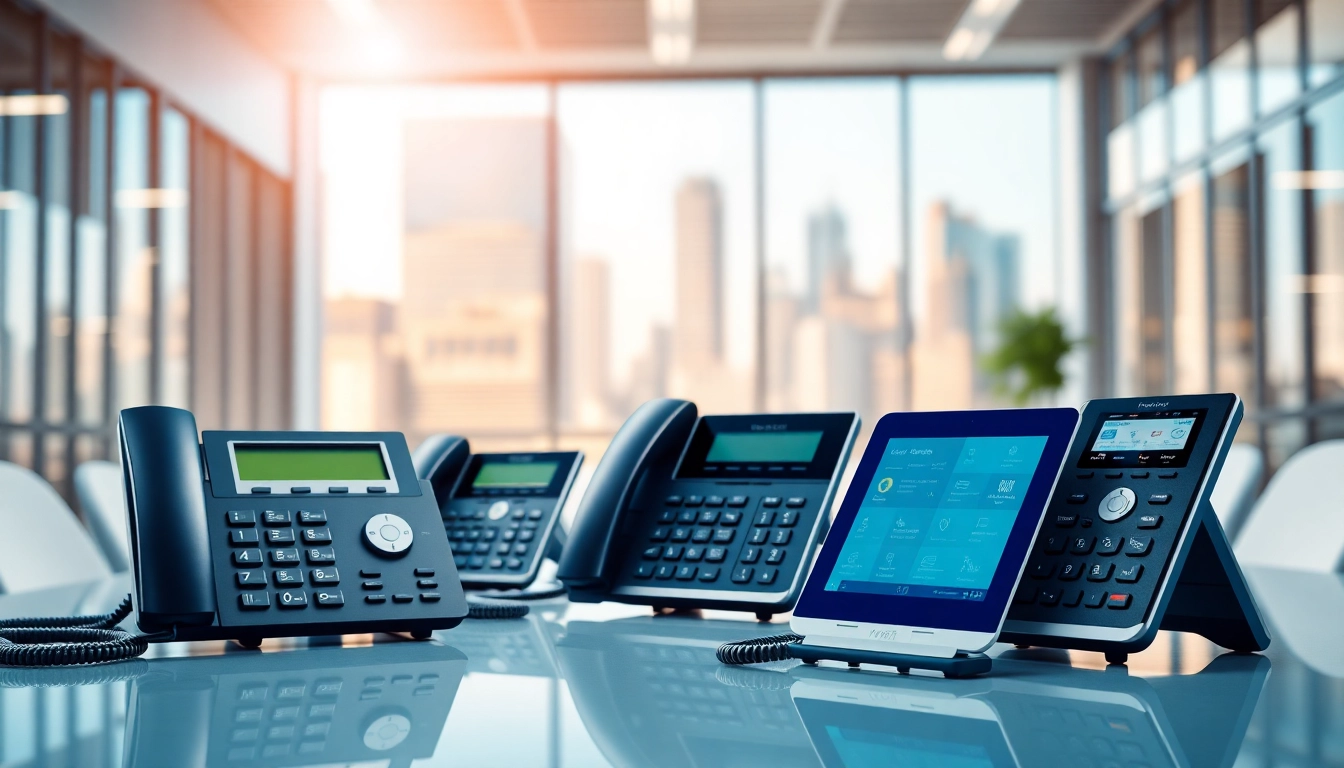 Showcasing modern office phone systems in a vibrant workspace with sleek designs.