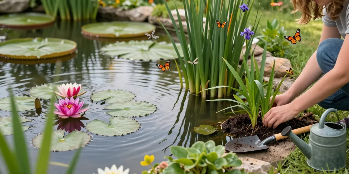 Marginal Pond Plants enhancing a tranquil garden pond with colorful flowers and lush greenery.