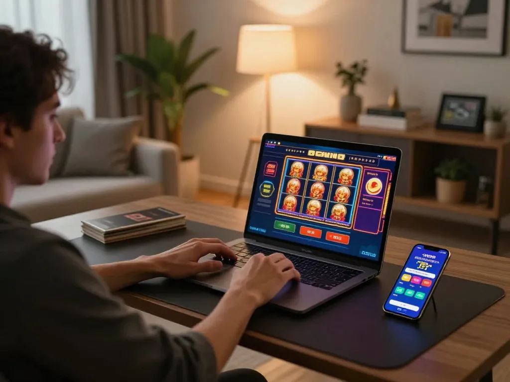 Engaging with the TG88 casino app during online gaming in cozy living room.