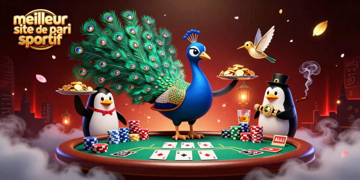 Le meilleur site de pari sportif avec un paon majestueux, un pingouin serveur et un colibri brillant illuminés au casino.