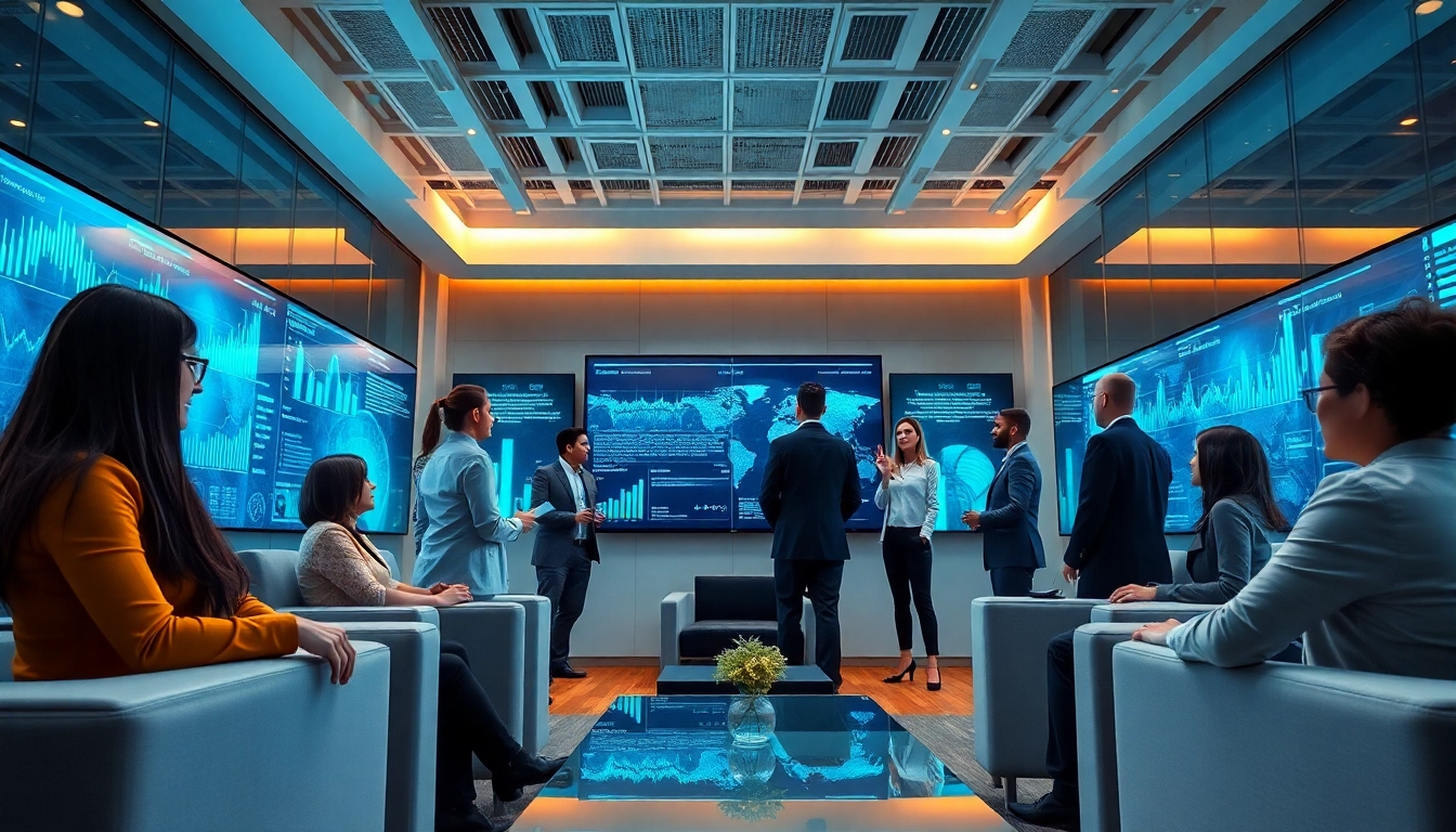 Engaged professionals analyzing data within enterprise search platforms in a modern office.