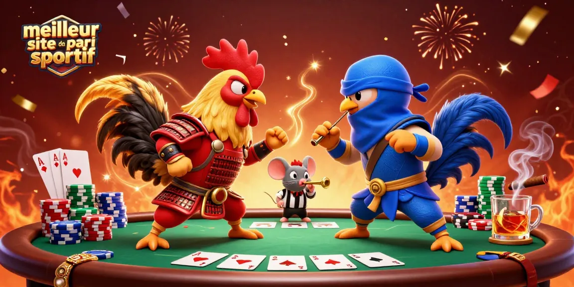 Plongez dans le meilleur site de pari sportif avec des coqs se défiant autour d'une table de poker.