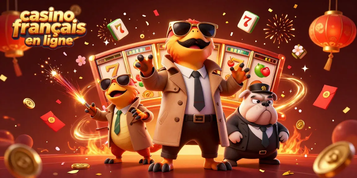 Plongez dans l'univers du casino français en ligne avec cette illustration vibrante de raptors en trench coat.