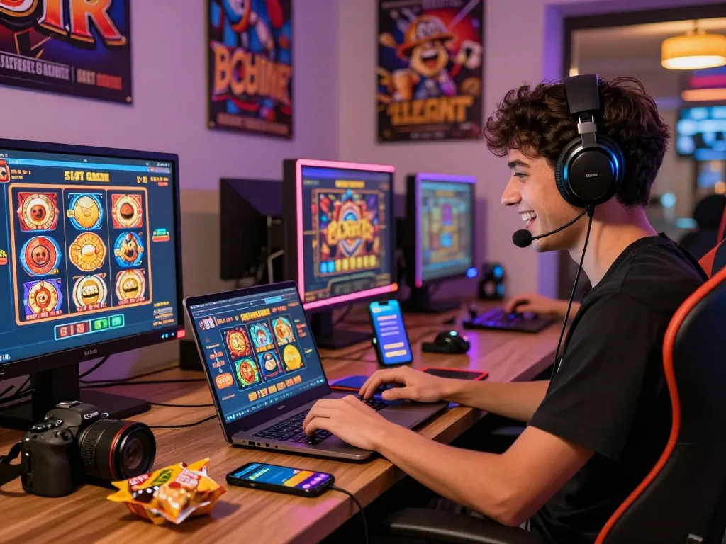 Gamer menikmati situs slot gacor dengan slot berwarna-warni di laptop di ruang permainan yang nyaman.