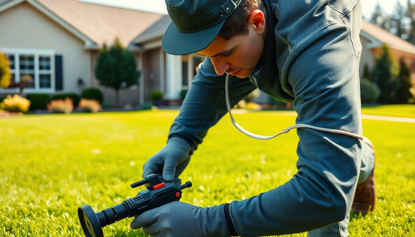 Best pest control for homeowners shown through a technician inspecting a well-maintained backyard.