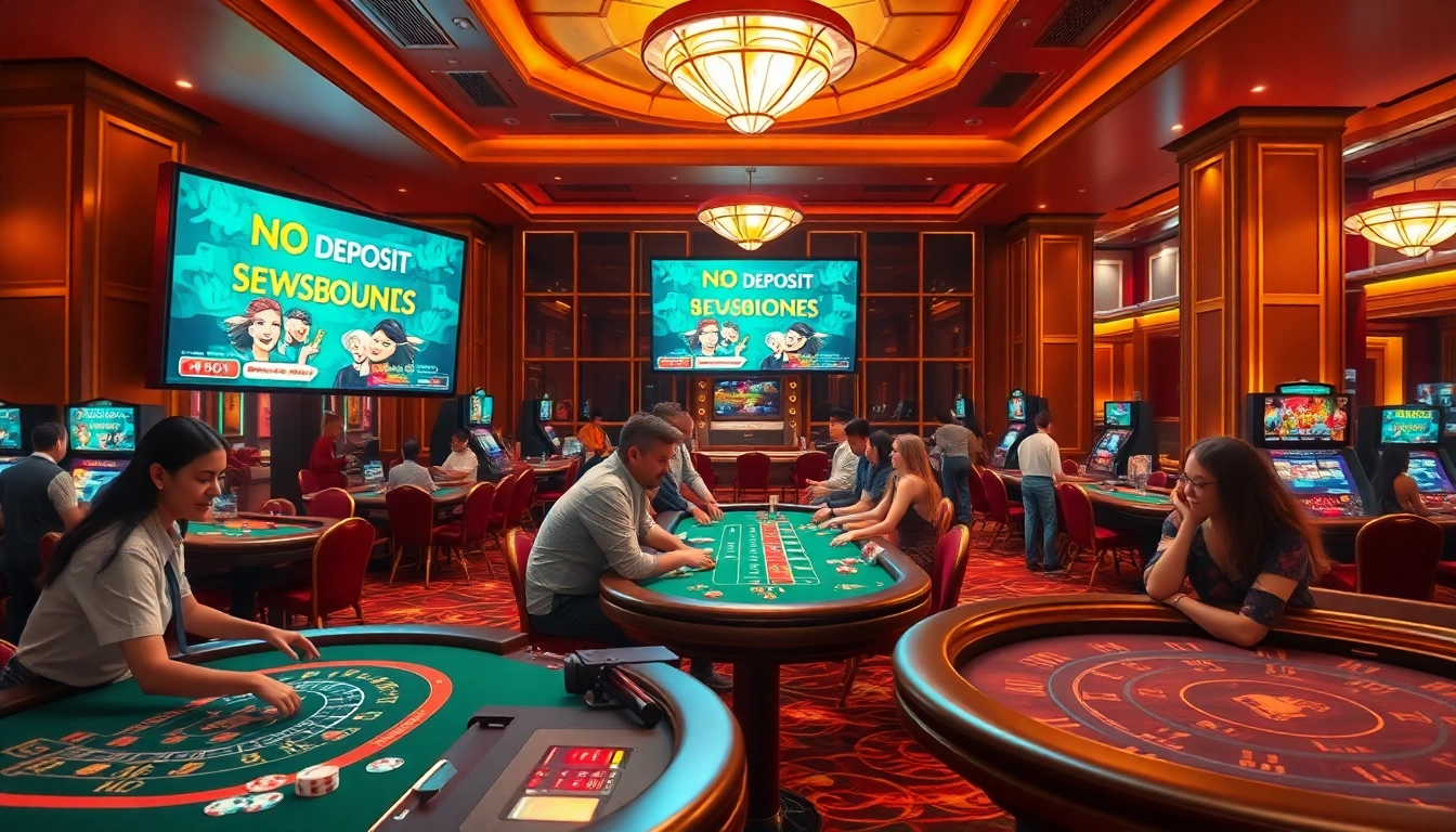 Engaging casino scene highlighting no deposit bonuses attracting players in a vibrant atmosphere.