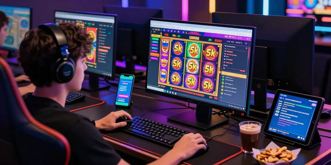 Player engaging with slot depo 5k games on a vibrant online casino interface, showcasing excitement and technology in gambling.