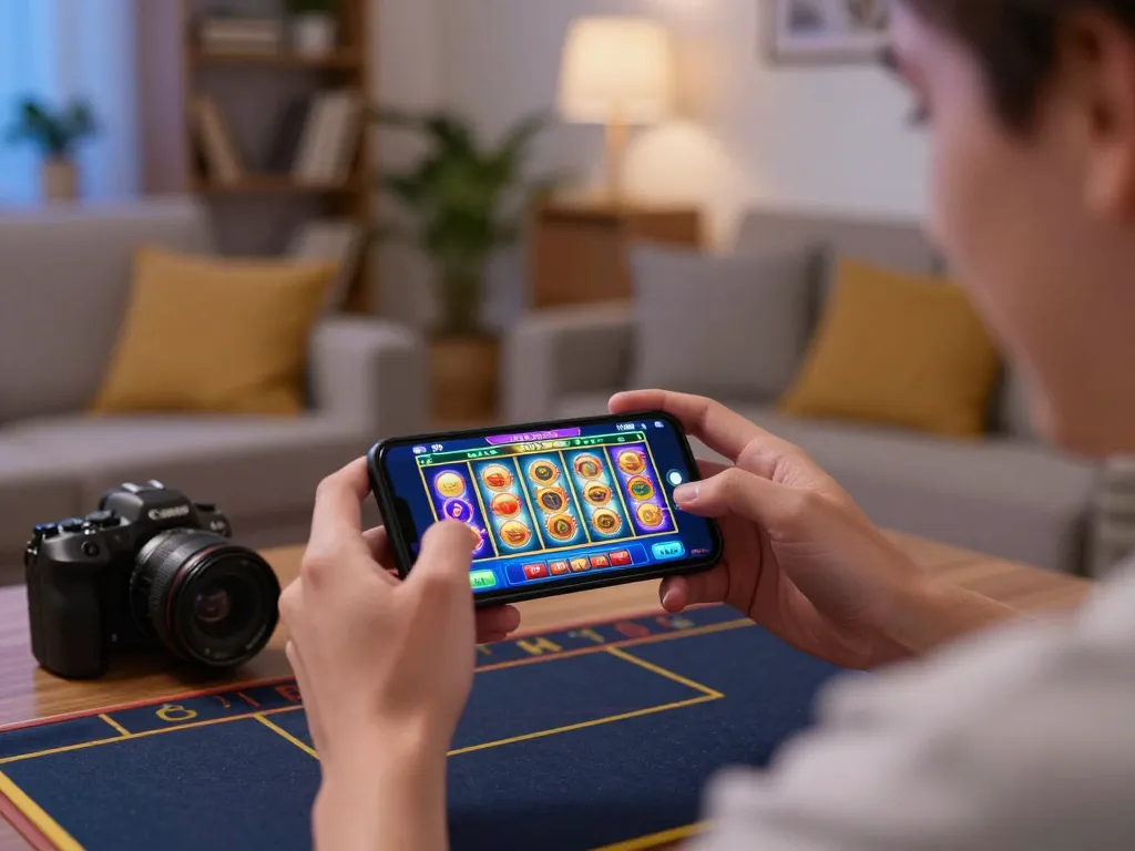 Player enjoys gaming on a mobile app dedicated to 888VND in an engaging home environment