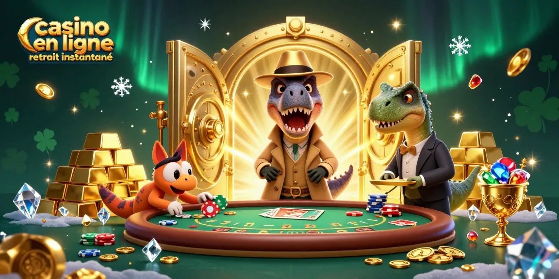 Jouez au casino en ligne retrait instantané avec des personnages animés entourés de trésors et d'éléments de jeux.