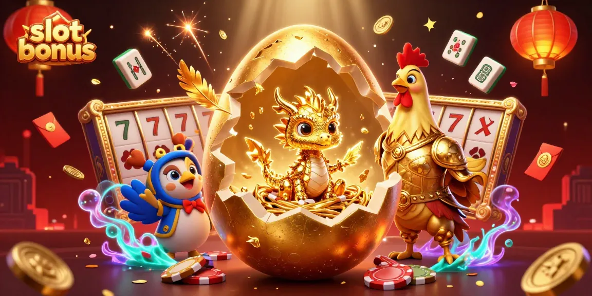 Experience the excitement of slot bonus gaming with vibrant golden dragon and poker chips.