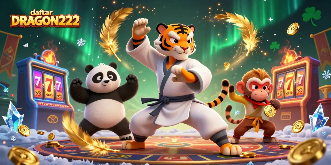 Join the action at daftar DRAGON222, featuring a lively casino scene with colorful characters and slot games.