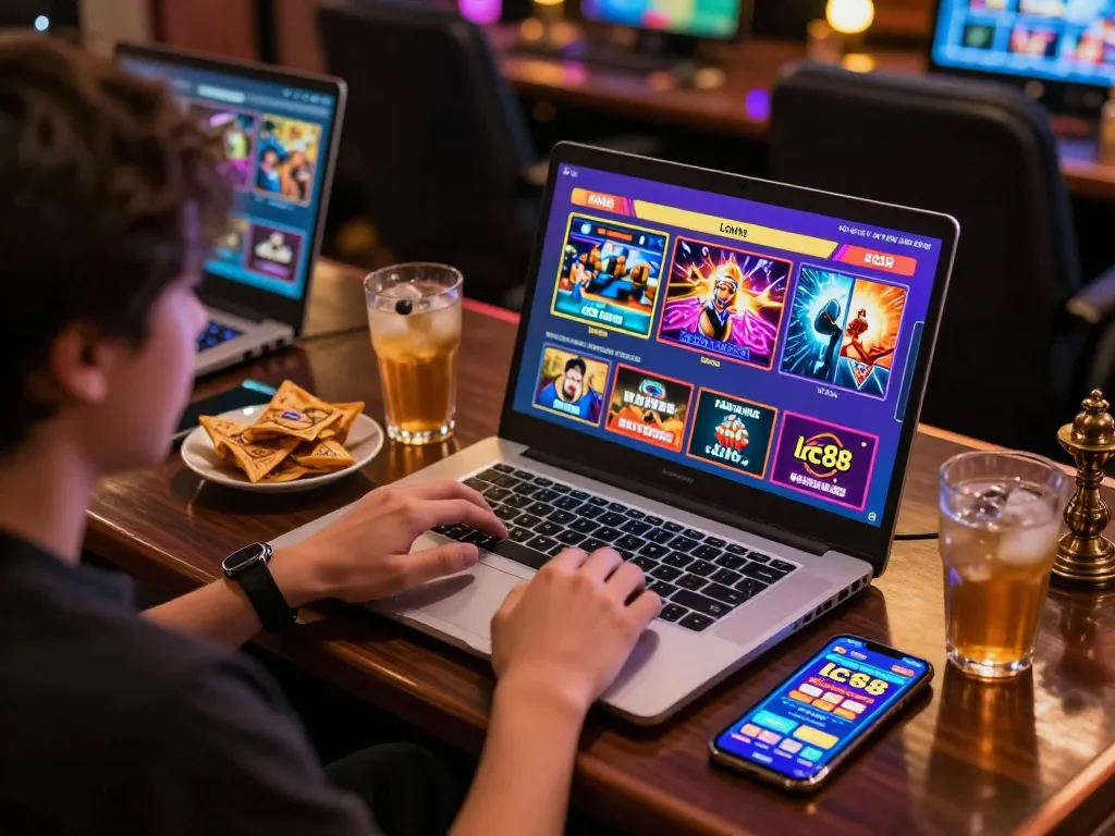 Person engaging in online lc88 gaming on a laptop, showcasing colorful game interfaces and a smartphone app.