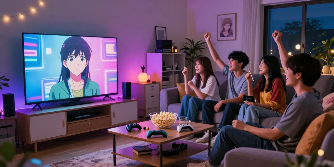 Nonton anime di animeplay dengan teman-teman di ruang tamu yang nyaman.
