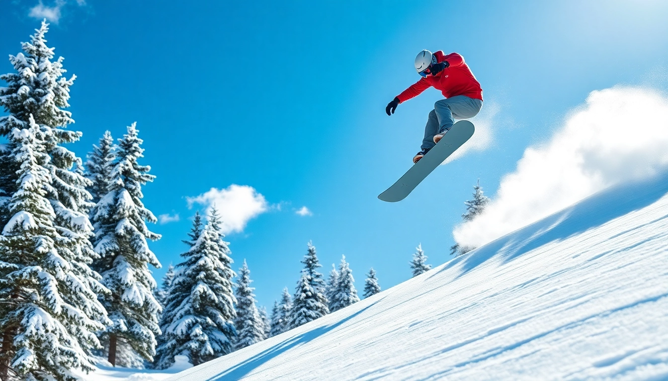 Snowboarder demonstrating skills in Boston, MA ski and snowboard terrain with vibrant snow backdrop.