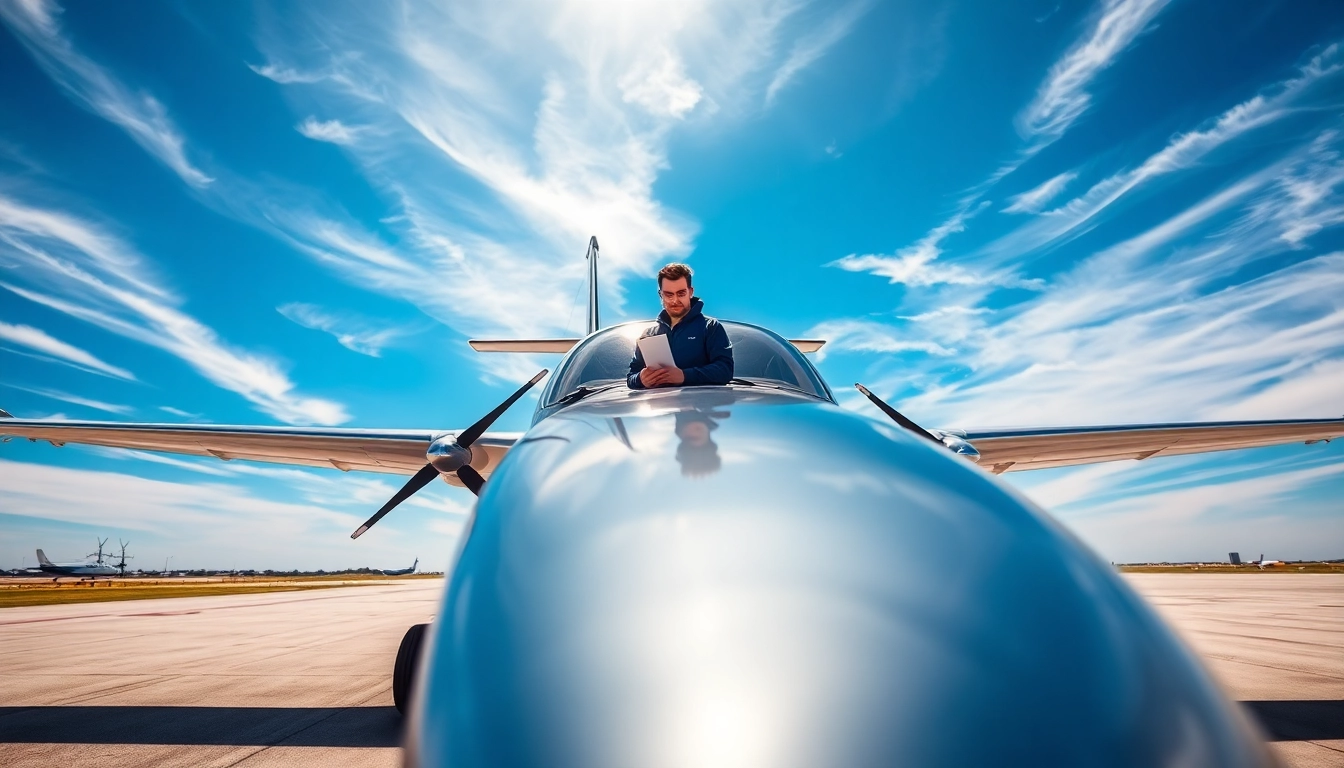 Experience Savannah aviation with a skilled aviator inspecting a gleaming aircraft at a bustling airport.