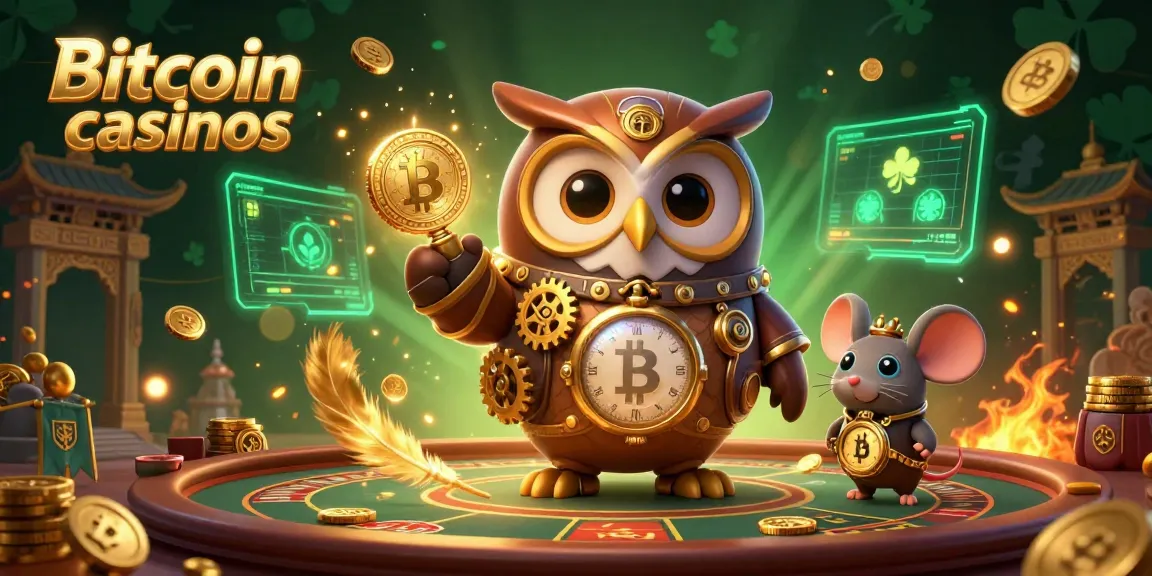 Découvrez les Bitcoin casinos avec une illustration captivante d'un hibou voyageur, des pièces d'or et des éléments de jeu.