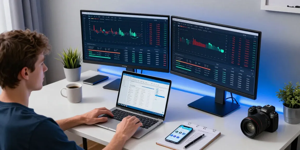 Bitcoin mining platform in a modern office setup, showcasing cryptocurrency mining statistics, hardware wallet, and trading strategies