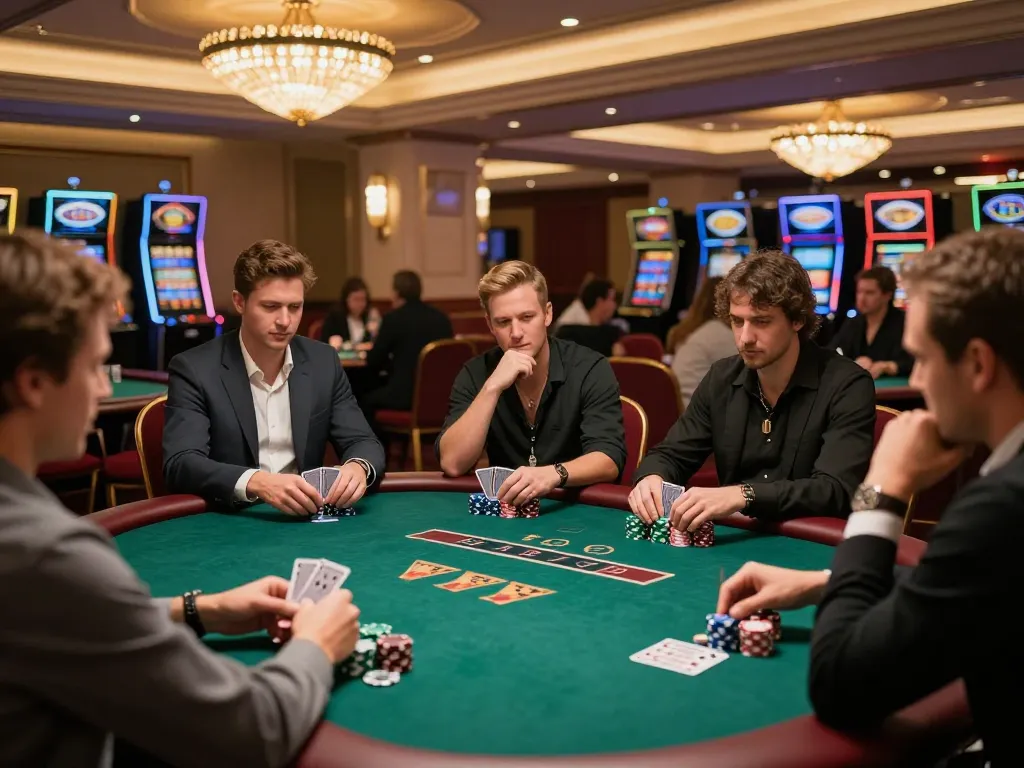 Winstrike69 gameplay in a luxury casino poker room, with players focused on cards and chips.