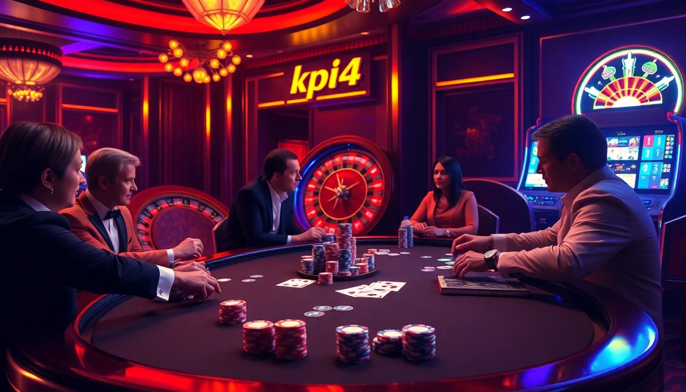 KPI4D players strategizing at a luxury poker table amidst vibrant casino excitement.