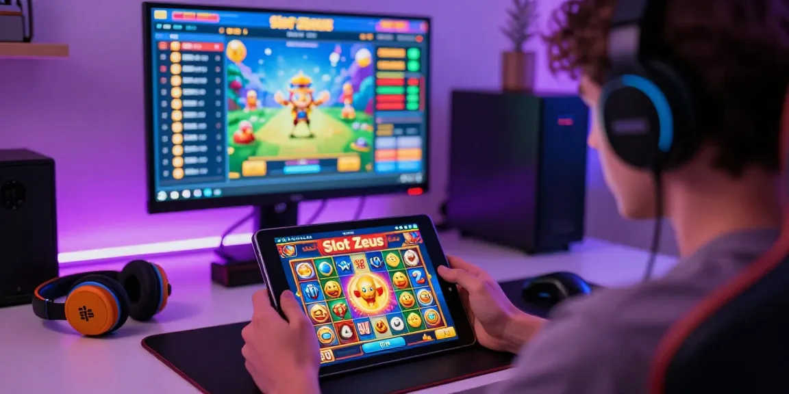 Player enjoying Slot Zeus game on tablet with vibrant graphics and engaging atmosphere.