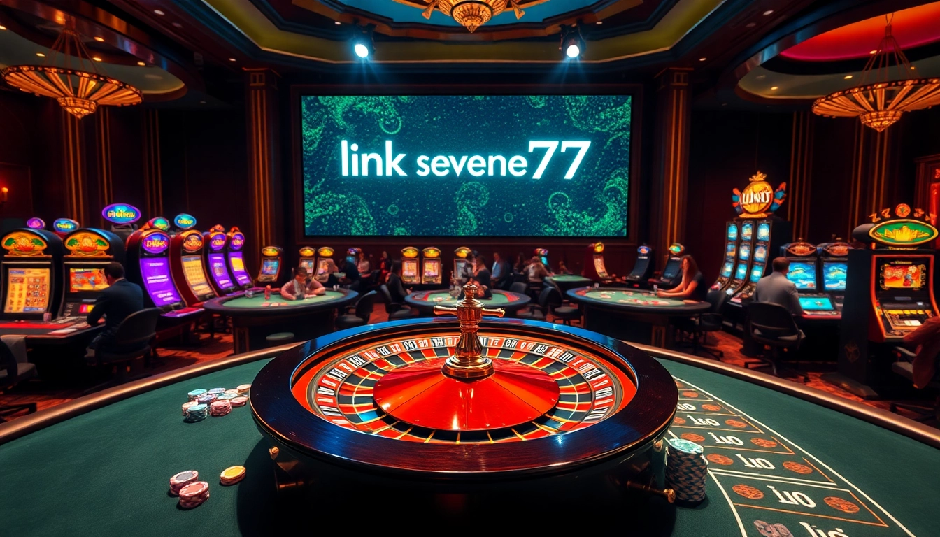 Experience thrilling gaming at link seven77, showcasing an exciting casino atmosphere with roulette and poker tables.