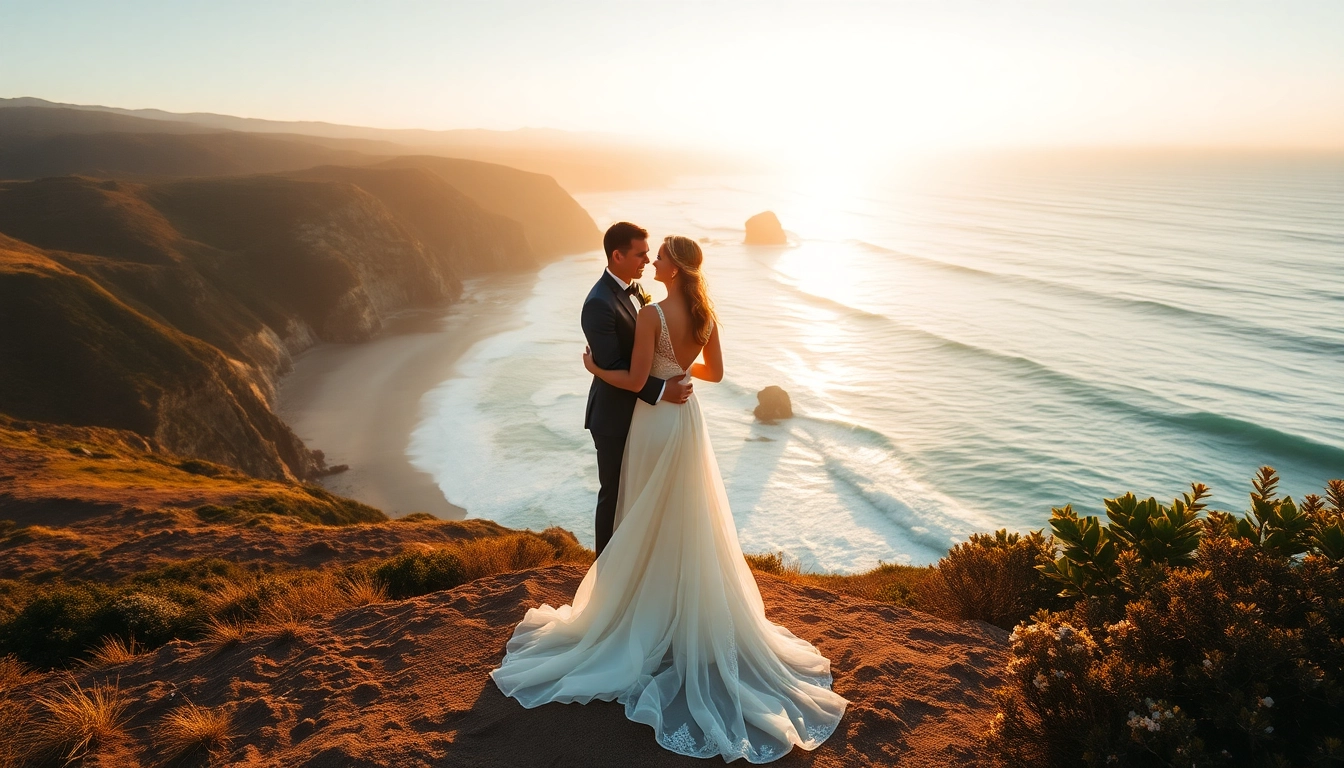 Romantic moment captured by a Big Sur wedding photographer with a couple on the cliffs overlooking the ocean.