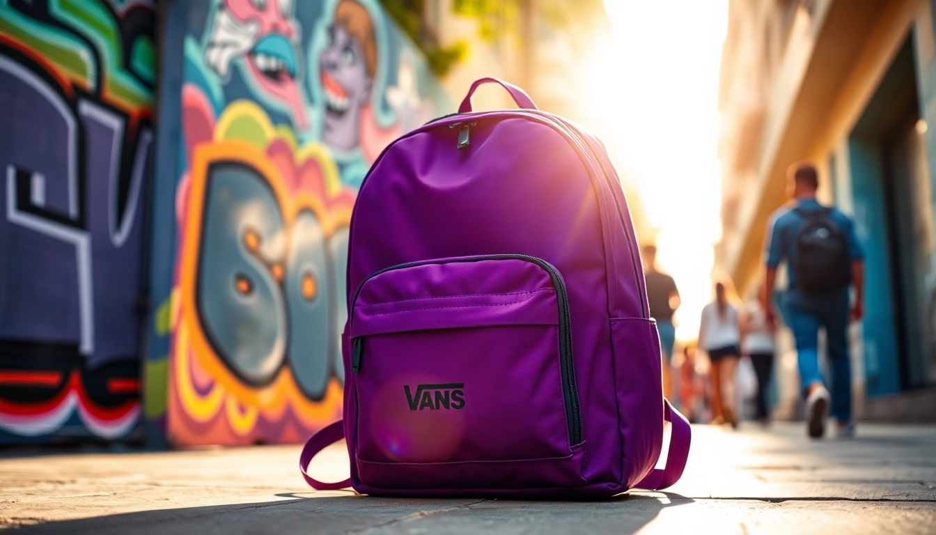 Admire the stylish mochila vans morada featured against an urban background.