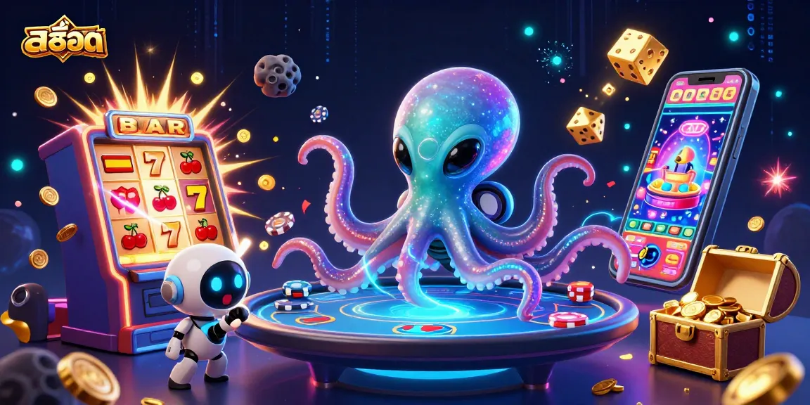 Engage with สล็อต in a 3D scene featuring an alien octopus at a poker table with exciting jackpots and vibrant casino elements.