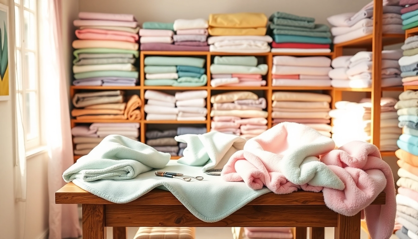Fleece stof kopen: Diverse fleece stoffen en naaigerei in een gezellige werkruimte.