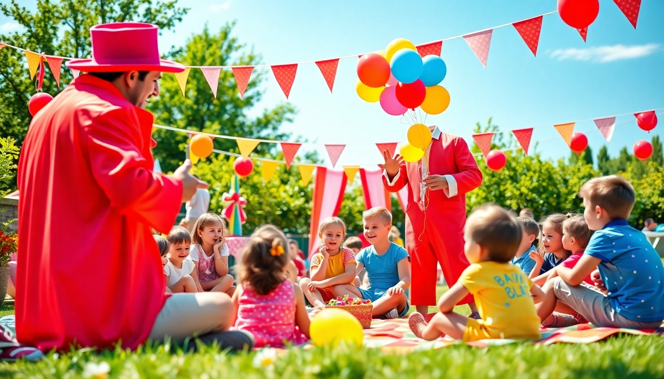 Birthday party entertainers captivating children with magic tricks at a vibrant outdoor celebration.