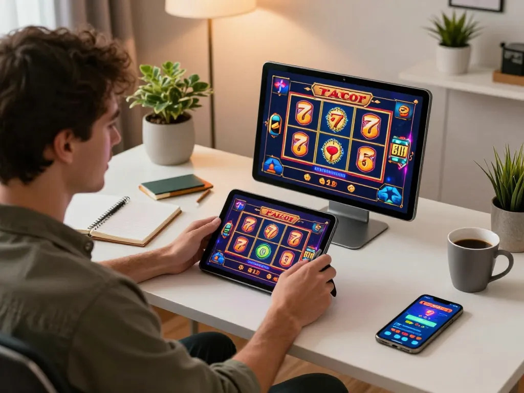Player enjoying slot777 gacor online gaming in a comfortable home setup, showcasing active session.