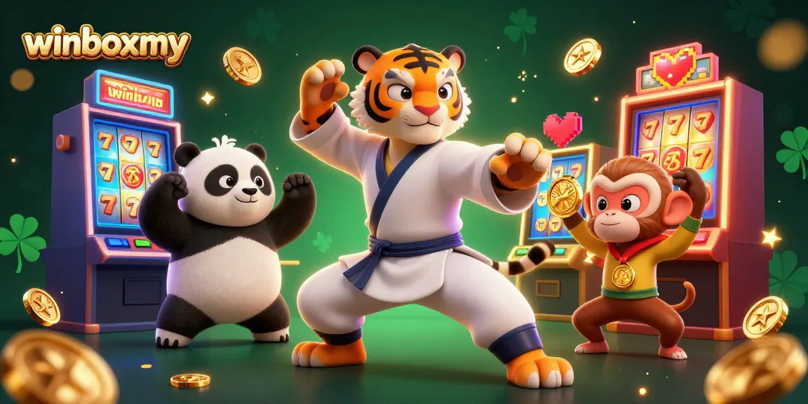 WinboxMY features a kung fu tiger master and panda disciple among colorful slot machines, showcasing exciting casino action.