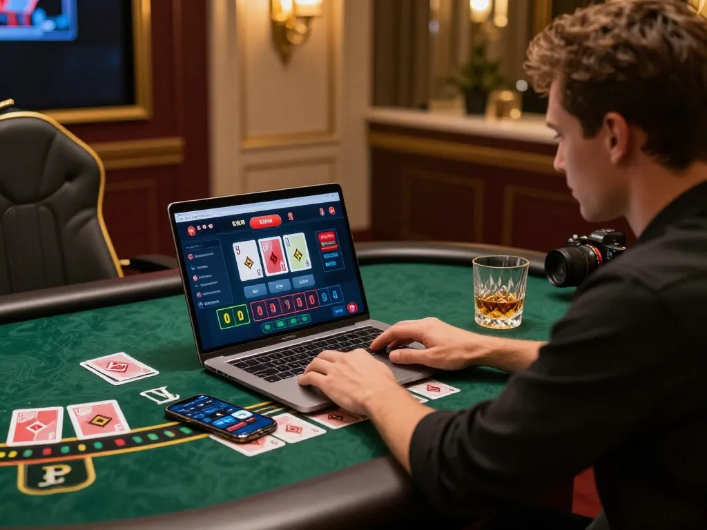 Player engaging with 바카라사이트 in a luxurious online gaming setup, showcasing live dealer interaction and elegant decor.
