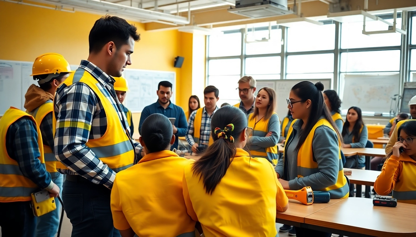 Engaging construction training session highlighted by diverse trainees learning practical skills.