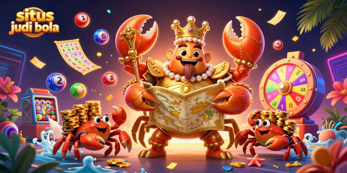 Engaging colorful scene depicting situs judi bola with a golden crab emperor and dynamic lottery elements.