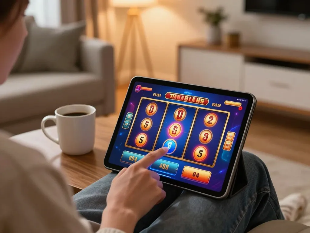 Engaged player enjoying 8kbetbh gaming experience on tablet, focused on slot machine action