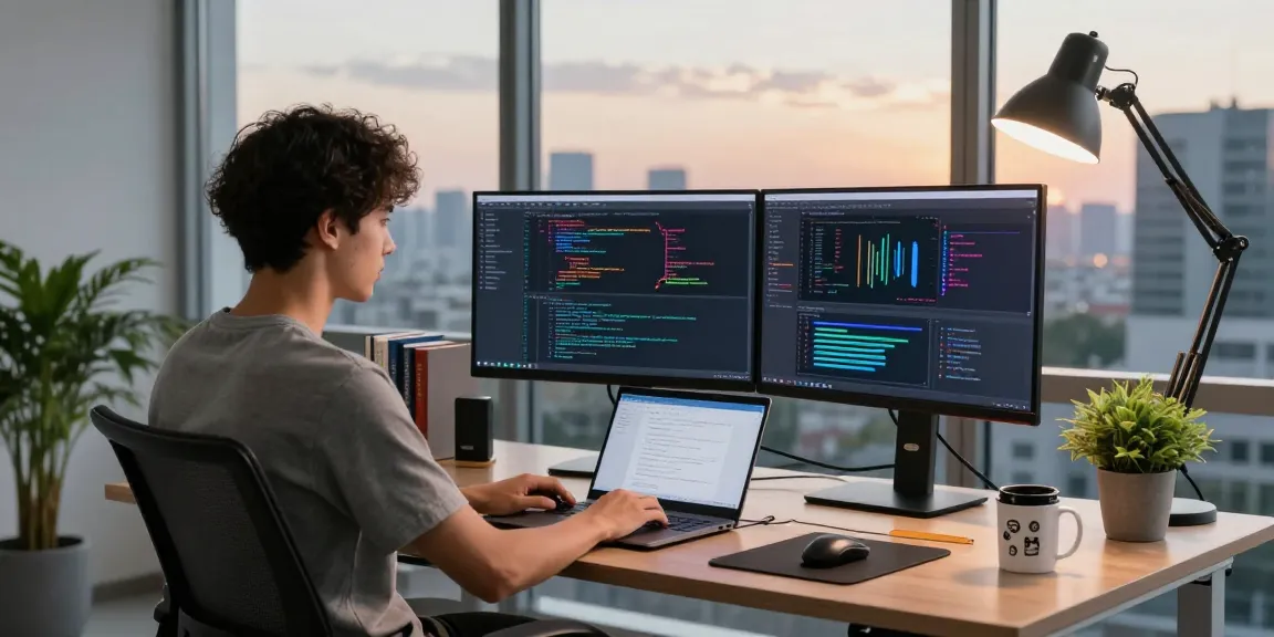 Dynamic workspace showing a developer coding on Telegram platform, focusing on innovation and productivity at 纸飞机官网.