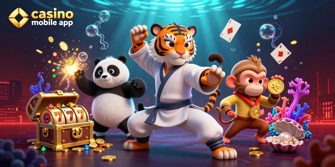 Découvrez un tigre maître des arts martiaux illustrant l'application mobile de casino avec des éléments de jeu.