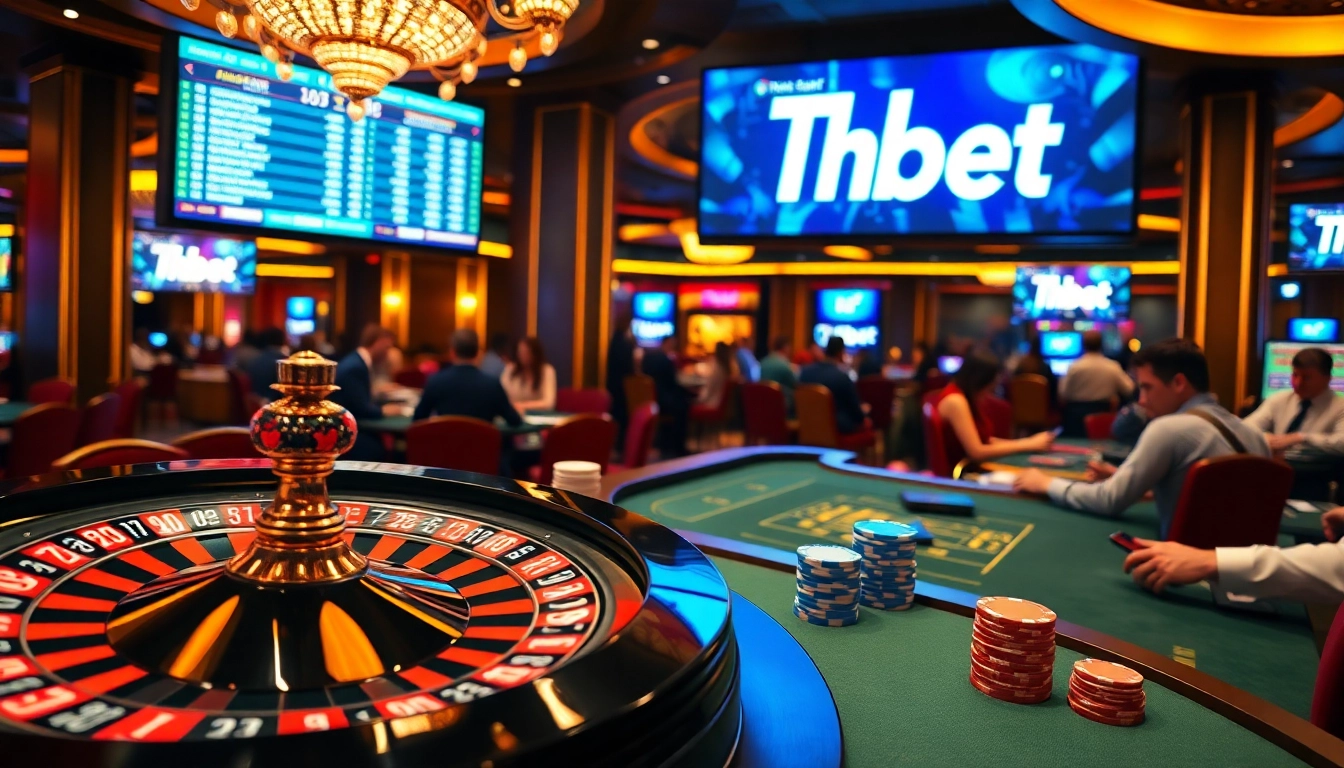 Experience the thrill of Tha bet in a luxurious casino setting with poker chips and a spinning roulette wheel.