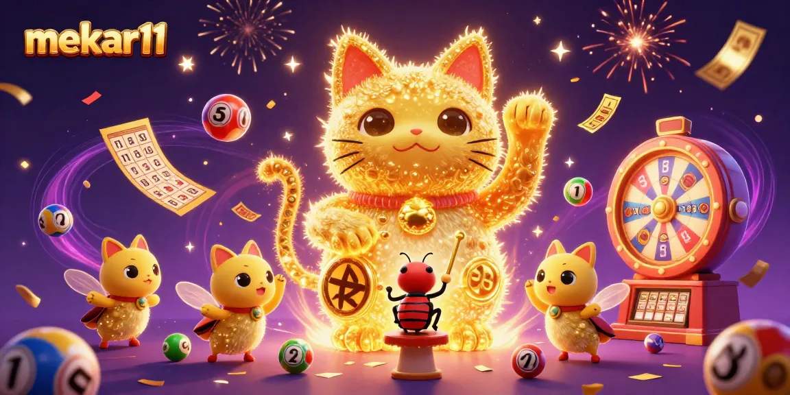 Win big at mekar11 with a vibrant 3D illustration of a lucky cat and dynamic casino elements.