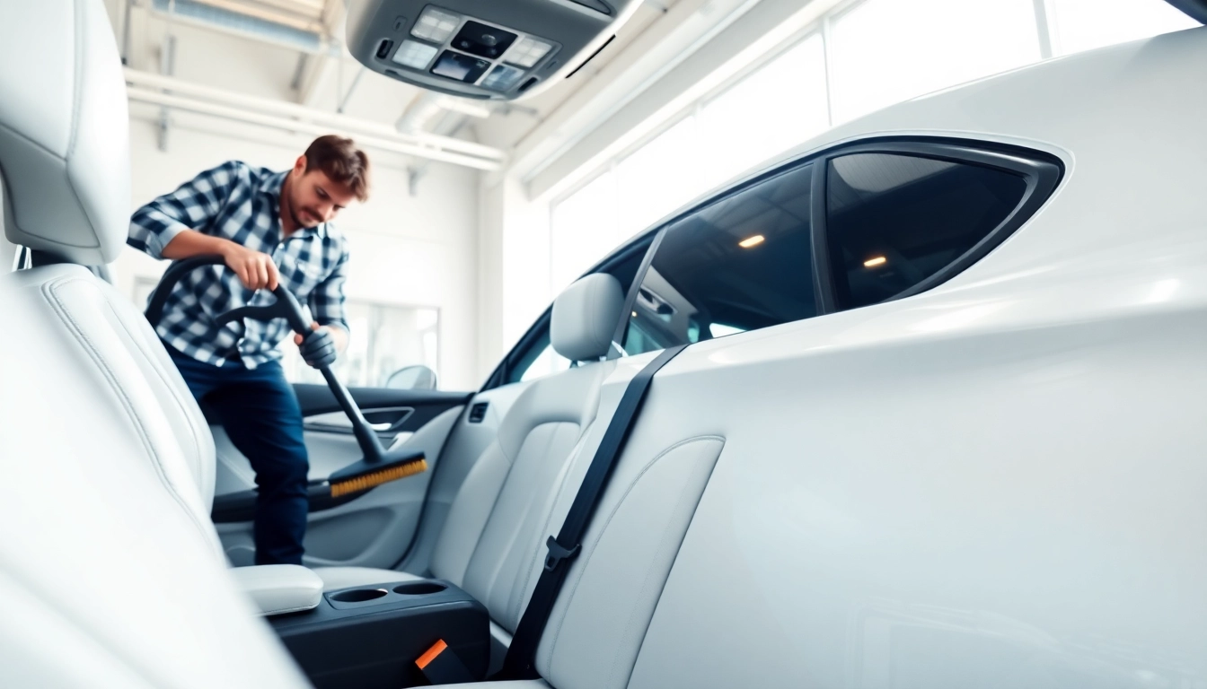 Detailed interior and exterior car detailing process showcasing professional tools and shiny surfaces.