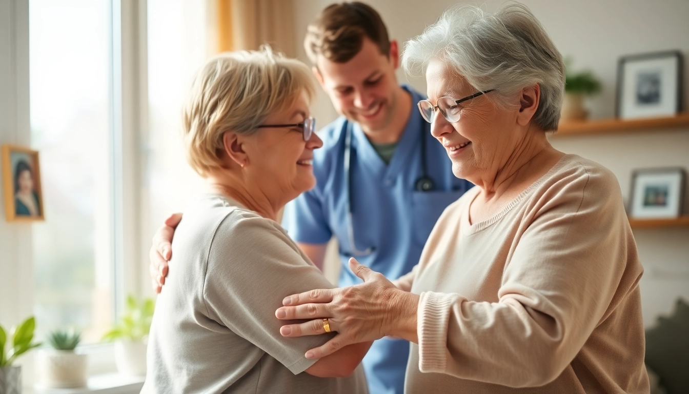 Providing at home senior care, a caregiver interacts compassionately with an elderly client in a bright, welcoming home.