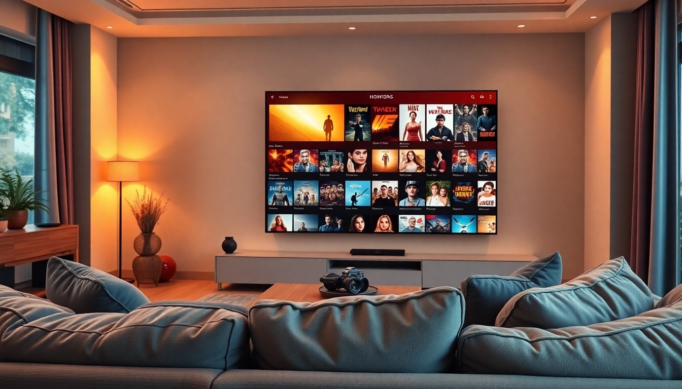 Watch หนังออนไลน์ on a modern streaming setup featuring a cozy living room.