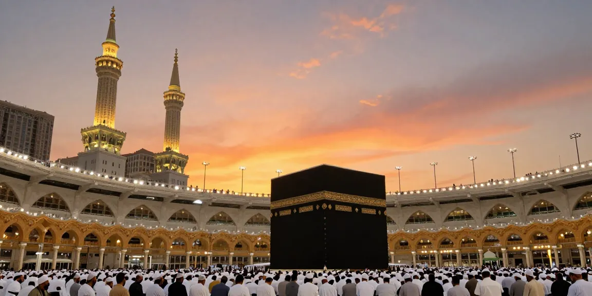 Umroh Ramadhan pilgrimage with pilgrims at Masjid al-Haram, captivating travel experience in sacred Makkah.