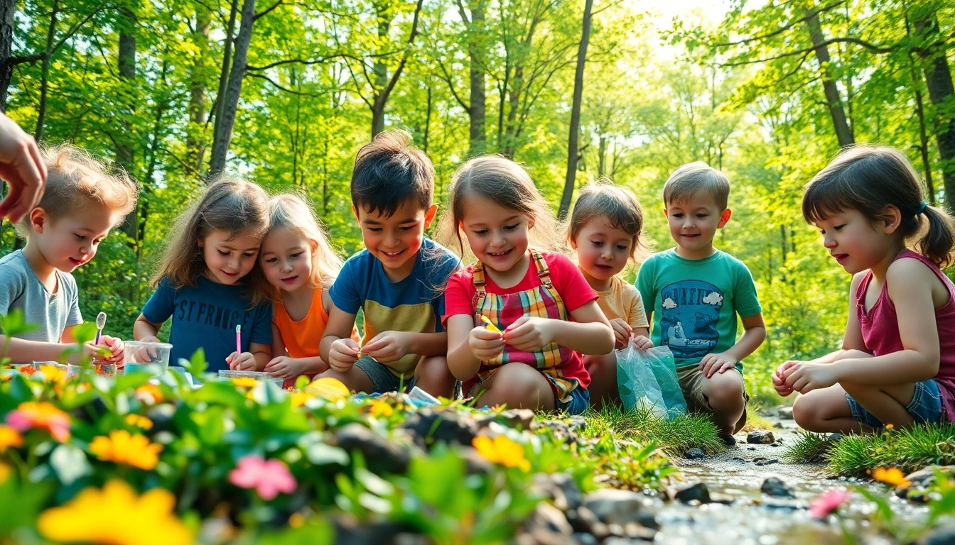 Children engaging in activities at a science and nature camp, surrounded by nature.