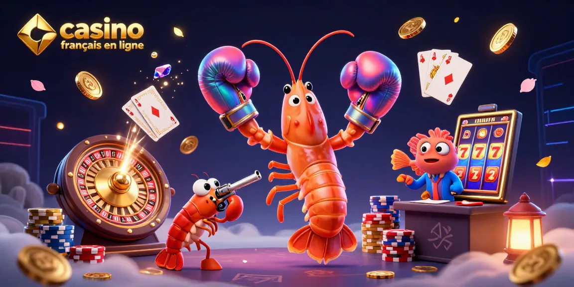 Illustration dynamique de casino français en ligne, mettant en scène des personnages animés dans un décor riche à thème de jeux.