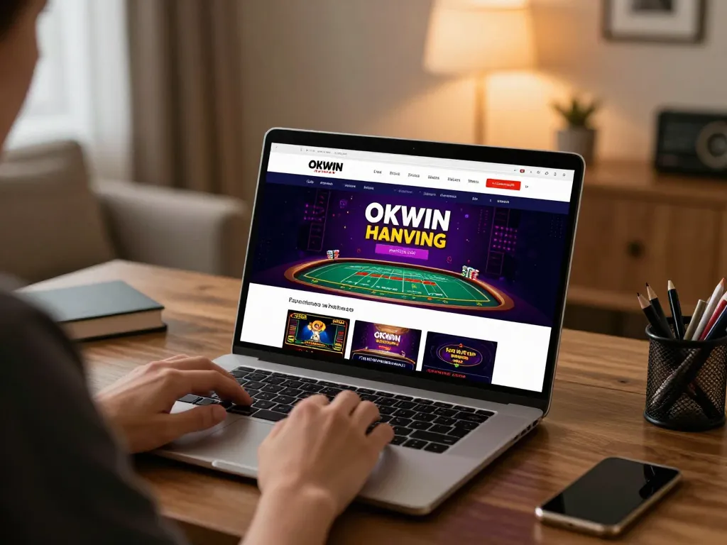 Engaging with OKWIN's online casino on a laptop at home, showcasing strategic gameplay.