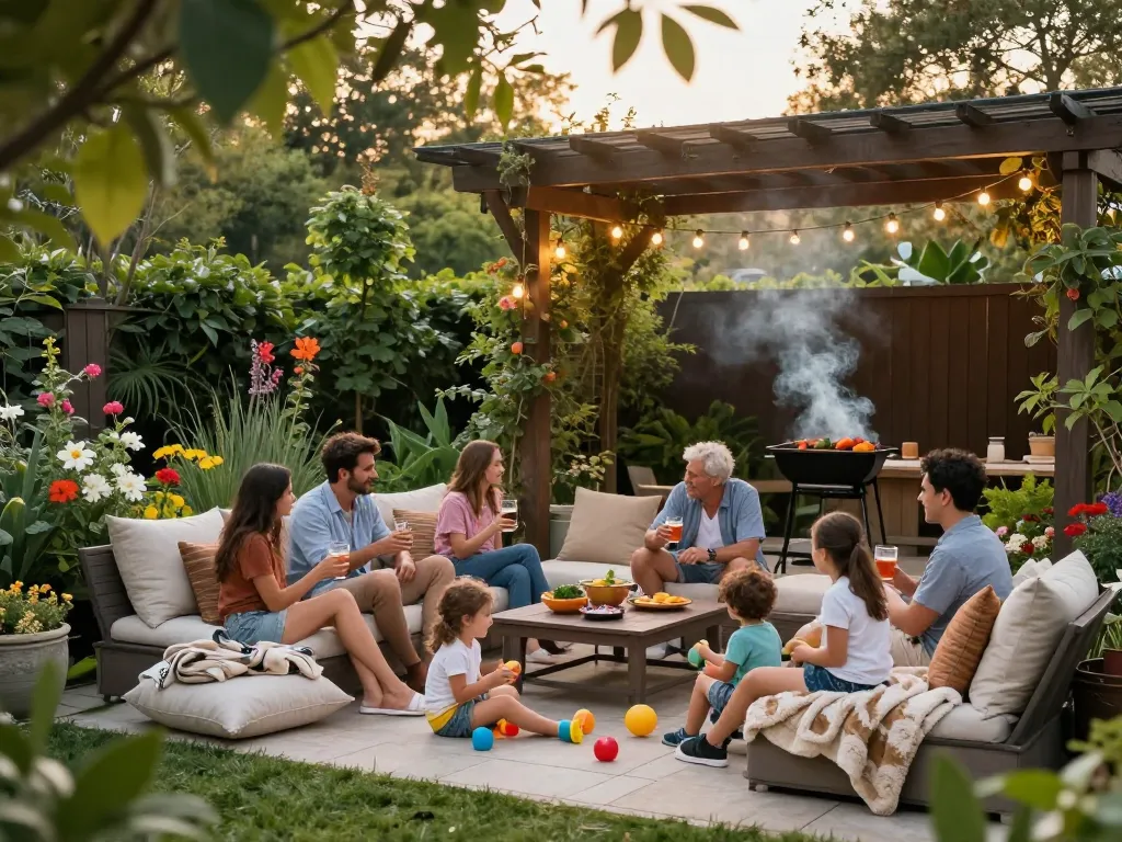 Gathering under a custom designed online pergola configurator for a cozy family backyard scene