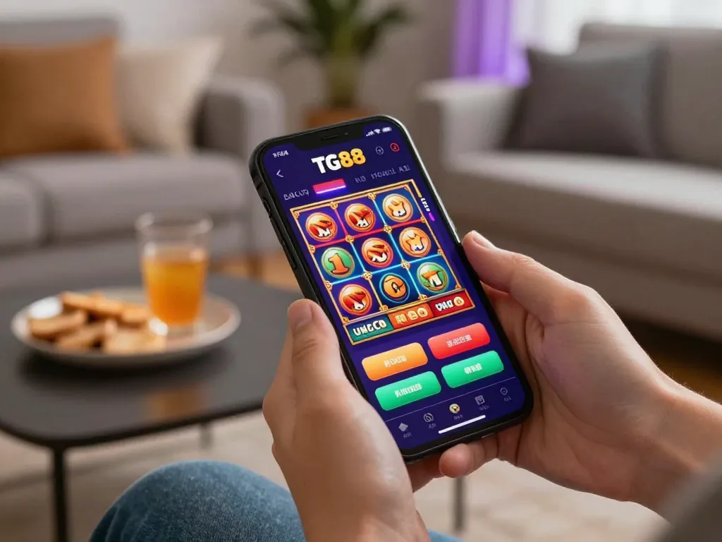 TG88 app on smartphone showcasing exciting slot games, highlighting mobile gaming experience.